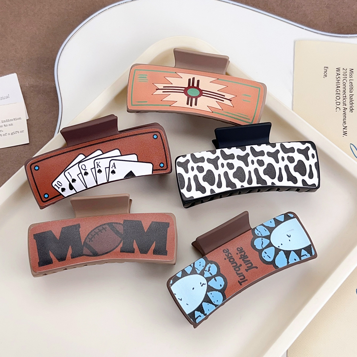 Western Cowboy Style Retro Playing Card Hair Accessories Hairpin Leather Printed Shark Clip Grabber European and American Cross-Border Accessories