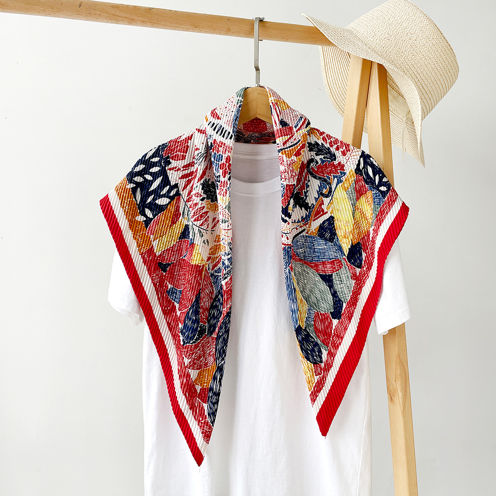 Bufanda de seda de sarga Retro para mujer, bufanda plisada de comercio exterior, bufanda estampada colorida, chal decorativo profesional de moda al por mayor