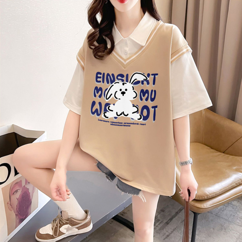 長袖Tシャツ 女の子用 2025年春夏新作 中学生・高校生 カレッジ風 フェイクツーピース 薄手ポロスウェットシャツ|undefined