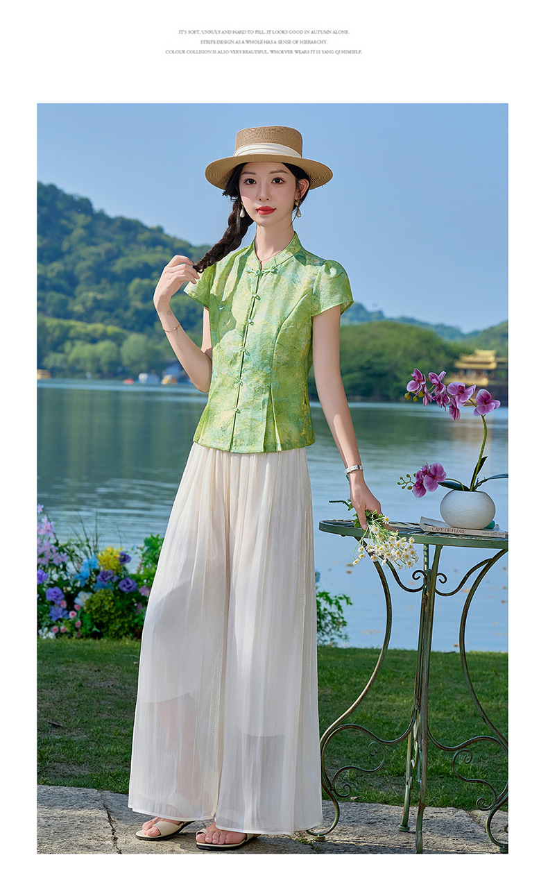Bộ quần áo nữ mùa hè 2026 sơ mi cổ đứng họa tiết jacquard + quần ống đứng hai mảnh ZQ620 — Màu ảnh chi tiết 17