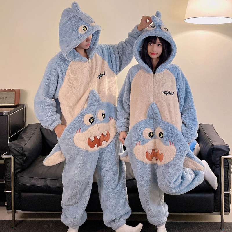 ワンピースのカップルのパジャマの女性の珊瑚の絨毯は厚いです。秋冬の男性のファスナーのフランネルの家の服は一体になります。|undefined