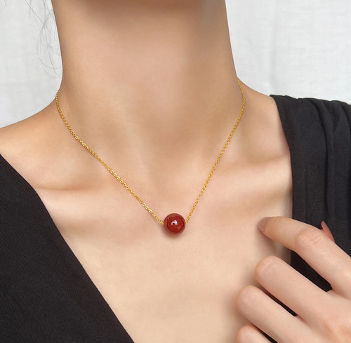 Red agate transfer bead necklace for women titanium steel plated 18k gold red bean acacia clavicle chain red bean pendant same style as internet celebrity
