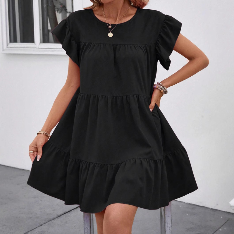 European and American Cross-border Women's Clothing Amazon Summer New Ruffle Sleeve Crewneck Dress Pleated Solid Color Cute dress Women