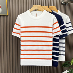 ニットストライプ半袖メンズ Tシャツ夏の新しいラウンドネックビジネススリムソフト通気性トレンドカジュアルトップ