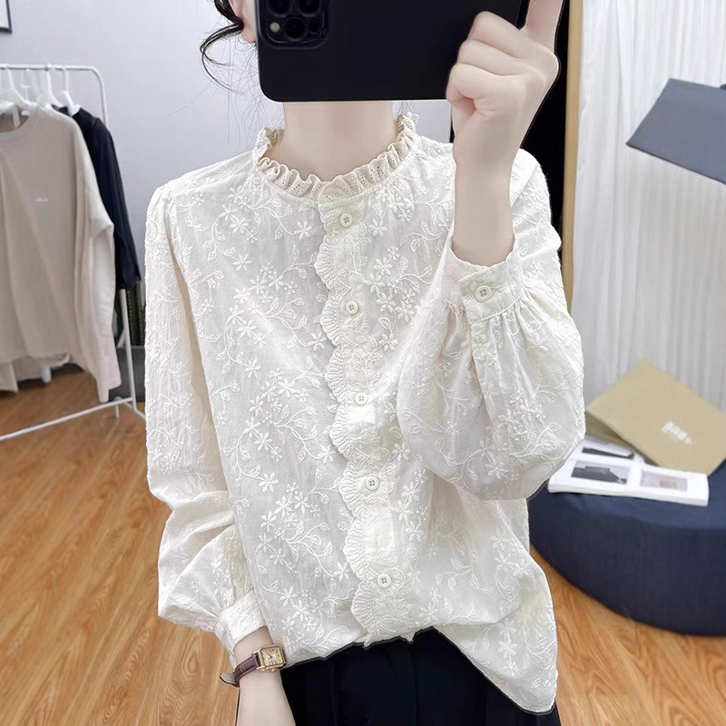 French-Style All-Cotton Small Stand-Collar Embroidered Lace Hook Flower Trim Blouse for Women, Single-Breasted, Off-White, Soft and Stylish Shirt