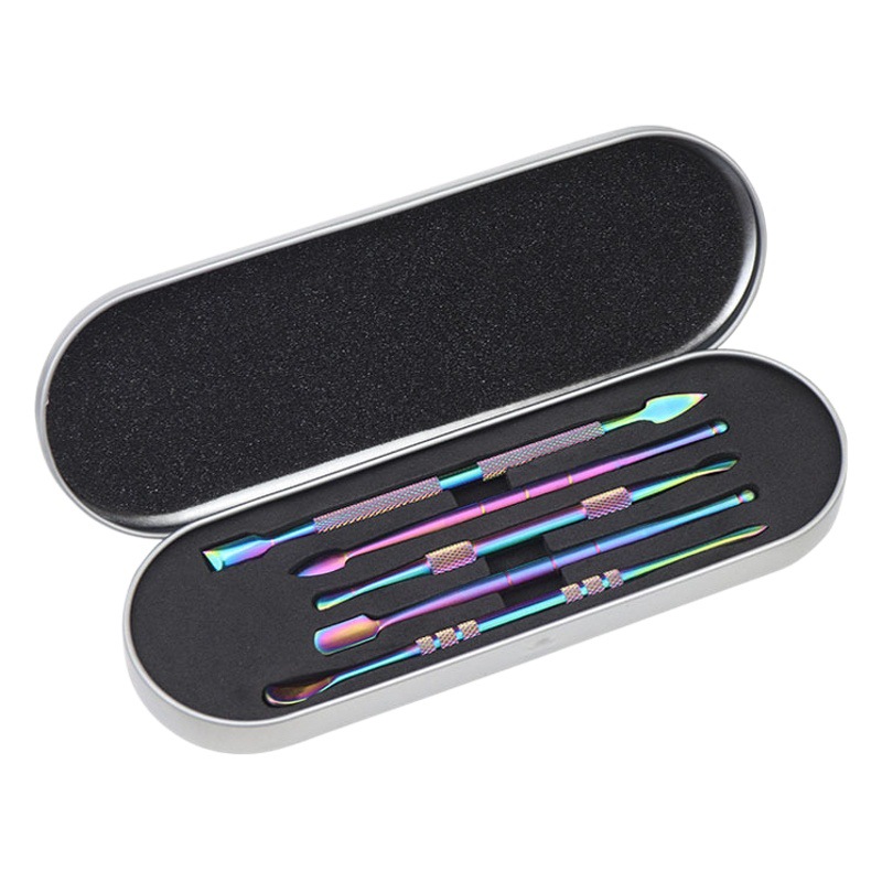 En stock al por mayor selección de uñas de acero inoxidable color mágico removedor de uñas empuje de acero de doble cabeza cigarrillo crema cuchara removedor de uñas herramienta