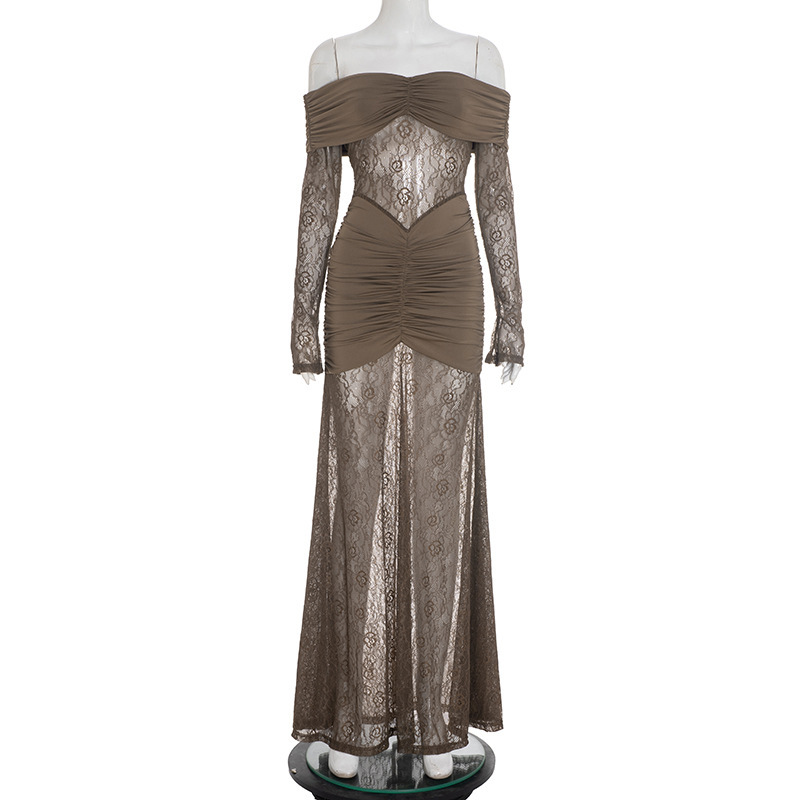 Sanhu Lianjiang D25DS272 ヨーロッパとアメリカの女性の夏のレースステッチワンショルダースリット長袖ドレス女性用|undefined