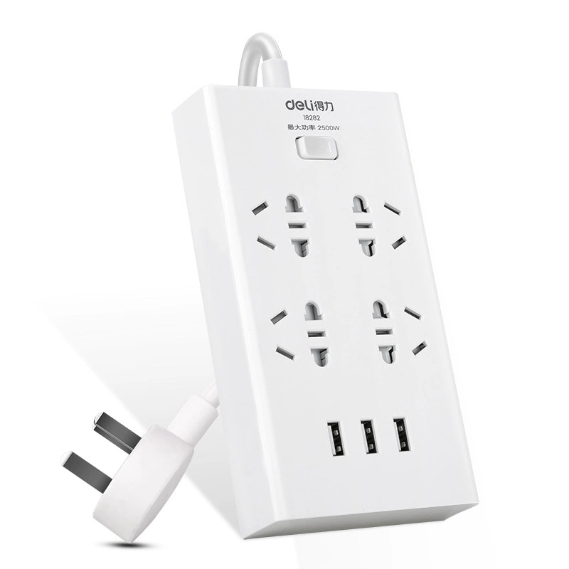 Deli 18282 USB умная розетка, вилка/плата 3 USB интерфейса + 4 отверстия, общее управление 2 метра