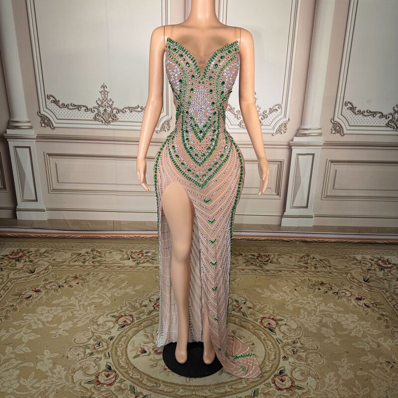 Green Rhinestone Stretch Mesh Dress with a High-End Feel, Suitable for Model Runway Shows and Birthday Parties, High-End Luxury Green Rhinestone Stretch Mesh Dress with a High-End Feel, Suitable for Model Runway Shows and Birthday Parties, High-End Luxury
