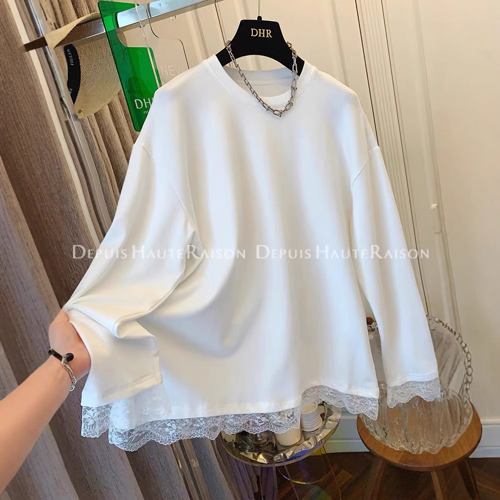 特大码300斤独特蕾丝磨毛长袖T恤女学生秋冬季宽松长袖打底上衣服