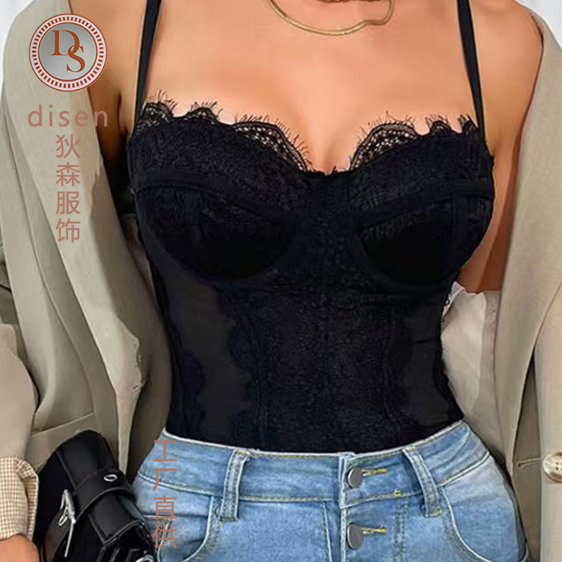 Nuevo cross-border sexy encaje empalme camisole de acero anillo de perspectiva dentro de la correa camisole hueco