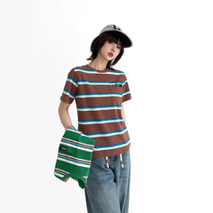 スポットミュウ新シンプルニッチデザインカジュアル多用途コントラストストライプレターパッチ半袖Tシャツレディーストレンド