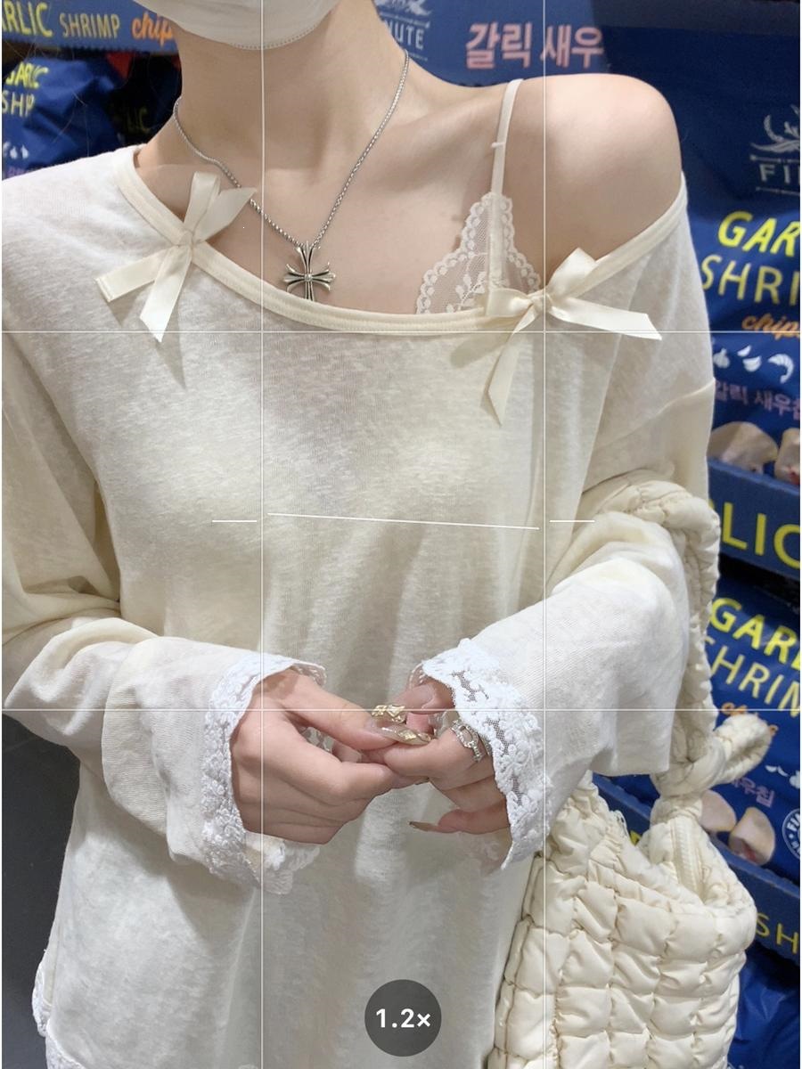 Asymmetrical Collar Bow Long-Sleeve Sun-Protective T-Shirt for Women, Spring 2026 New Korean Style Loose Lace Patchwork Top