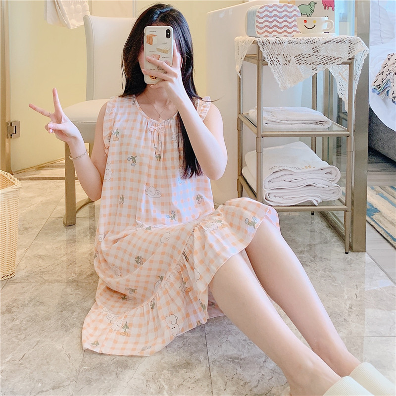 2025新款人造棉睡裙女夏季薄款绵绸印花孕妇可外穿长裙家居服|undefined
