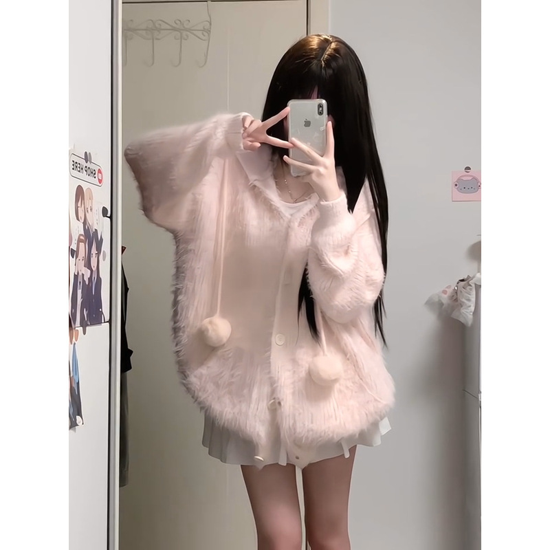 Korean-style lazy soft waxy fluffy hooded sweater cardigan autumn and winter loose flesh-covered sweater jacket for female students