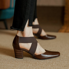 里外全皮粗跟方頭交叉帶中空單鞋頭層牛皮韓版復古高跟包頭涼鞋潮