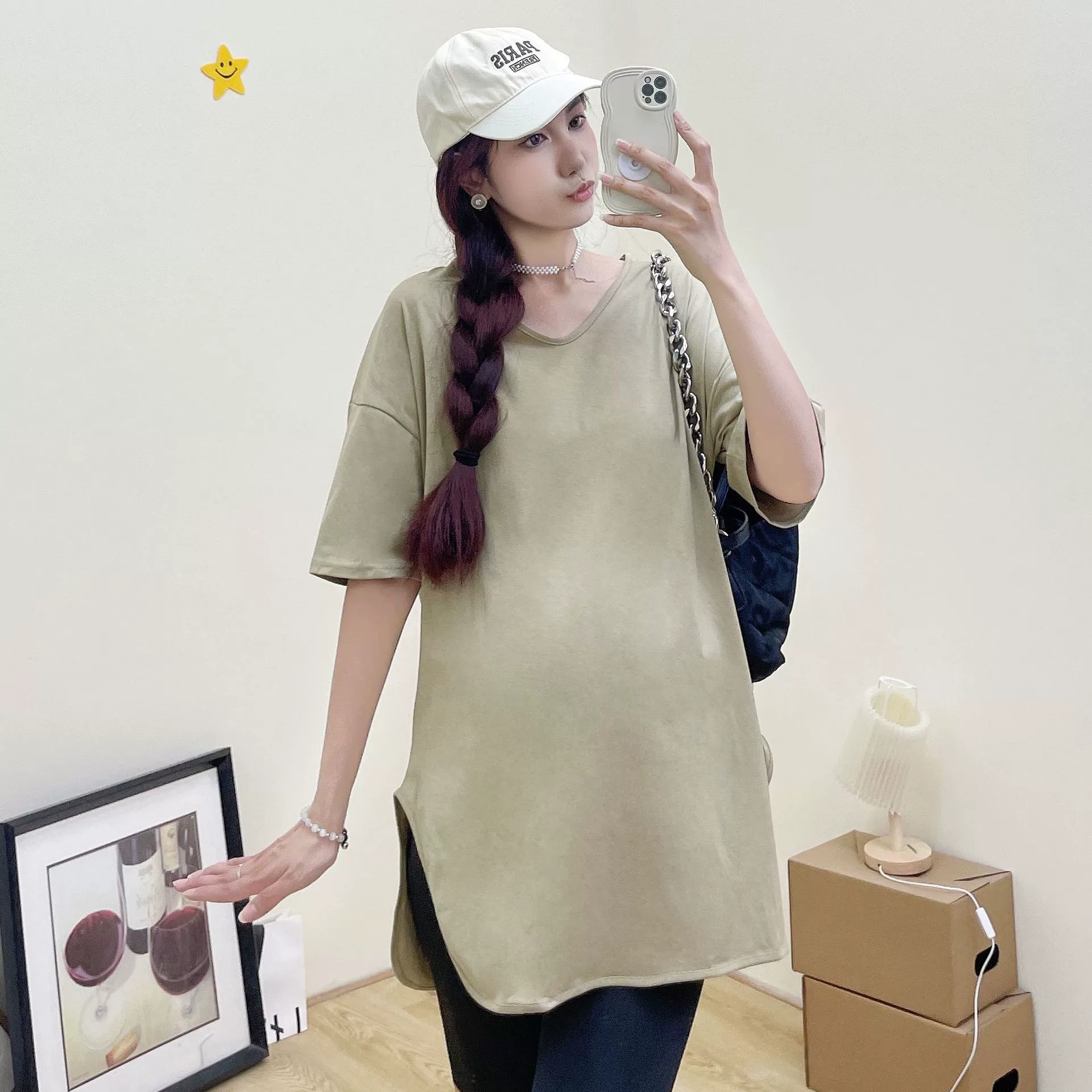 Сьюхю Мэй Summer fashionable long T-shirt for pregnant for leisure, Korean style, V-neckline, oversize, mid-length