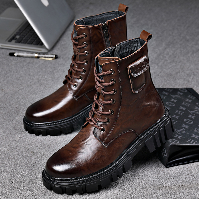 New top layer cowhide Martin boots trendy all-match side zipper overalls boots casual high leather boots warm men's boots