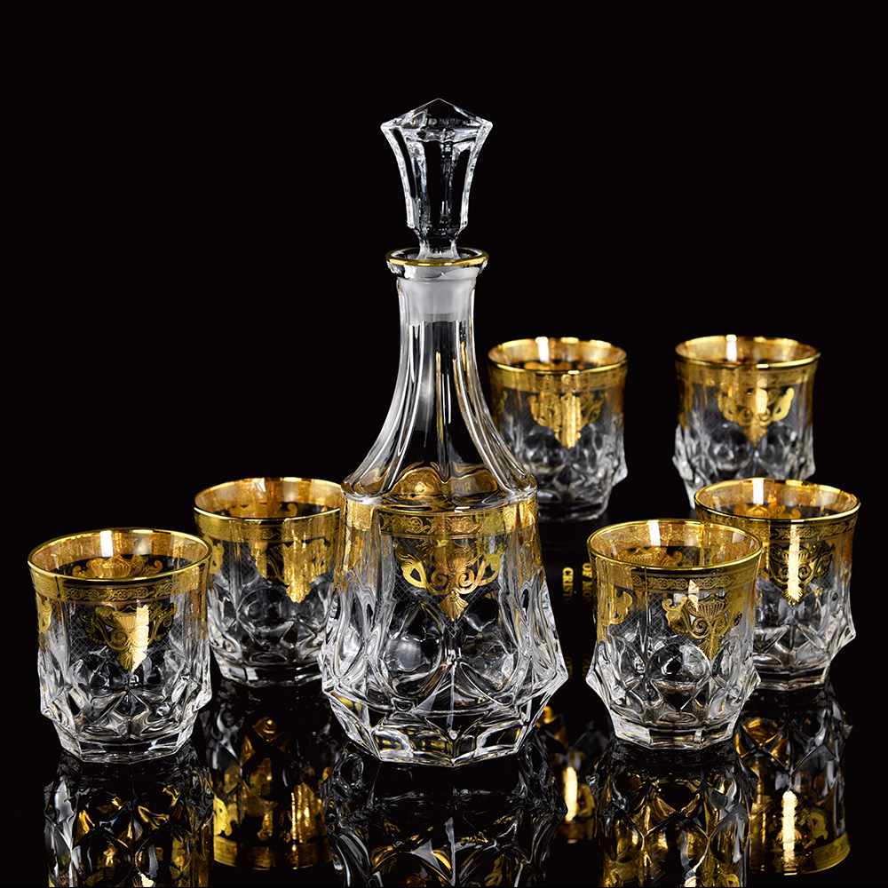欧式复古酒杯真金金花纸水晶玻璃洋酒杯 威士忌描金酒杯酒壶套装