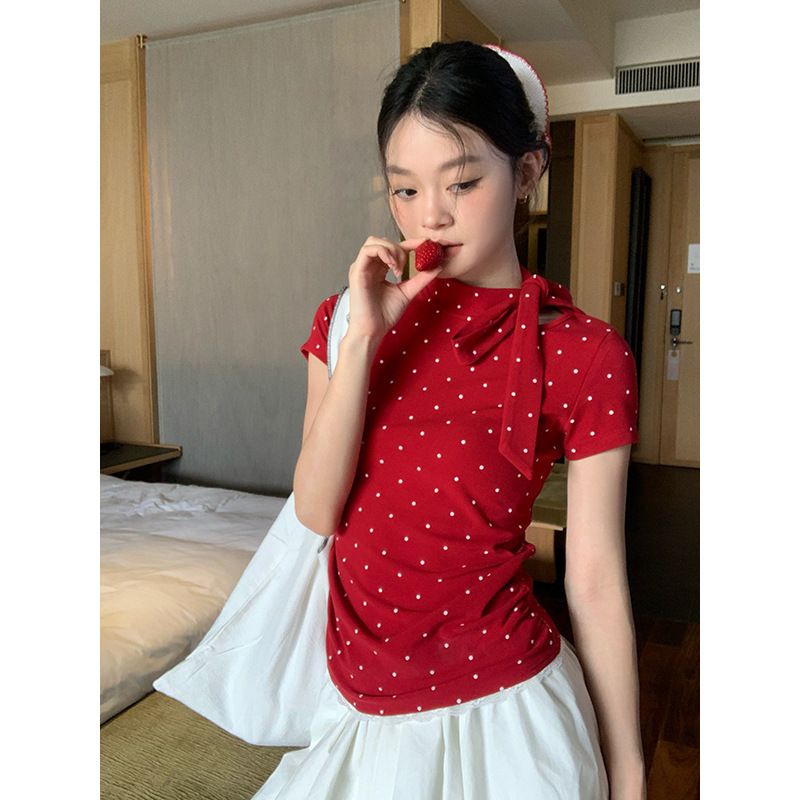 Pure Desire レッド水玉半袖 Tシャツ女性の夏の右肩スリム甘くてスリムなリボンストラップホットガールトップ|undefined