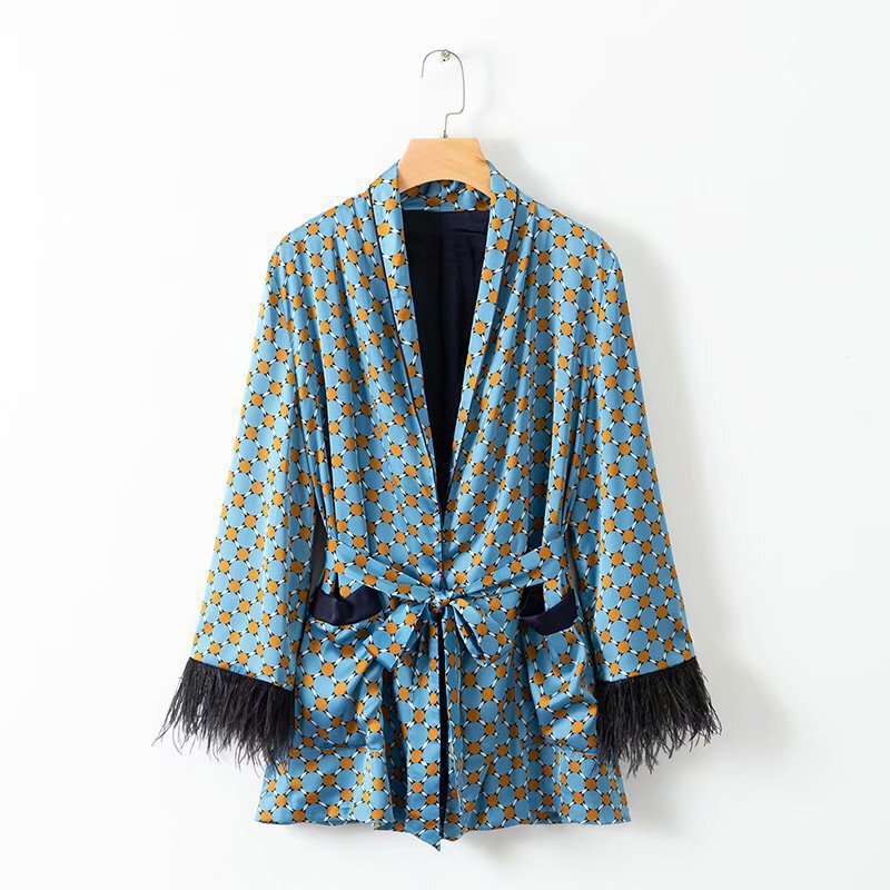 Autumn and Winter New European and American Style Feather Draped Casual Suit Jacket Printed Draped Wide-Leg Pants Suit Autumn and Winter New European and American Style Feather Draped Casual Suit Jacket Printed Draped Wide-Leg Pants Suit