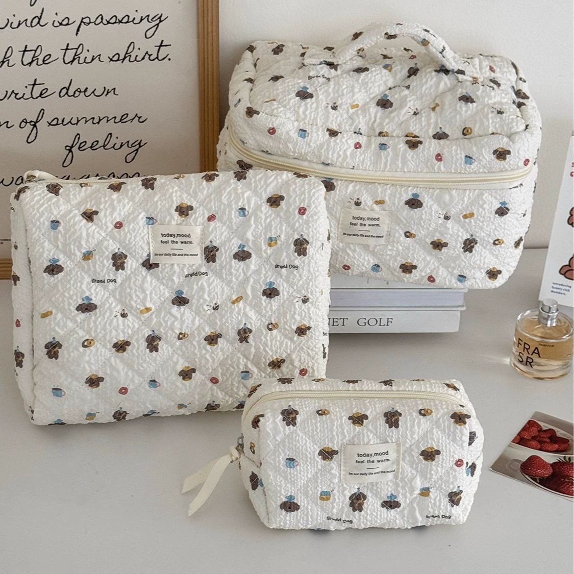 Capacious cosmetic bag with bow, handheld soft organizer bag, flowered