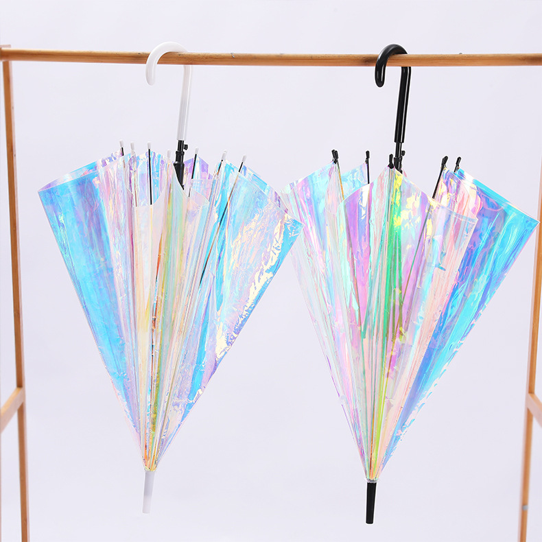 Transparent Umbrella Holographic Straight Pole Female Influencer Stage Gradient Color Dazzling Laser Umbrella Iridescent Umbrella Sunshade Rainproof
