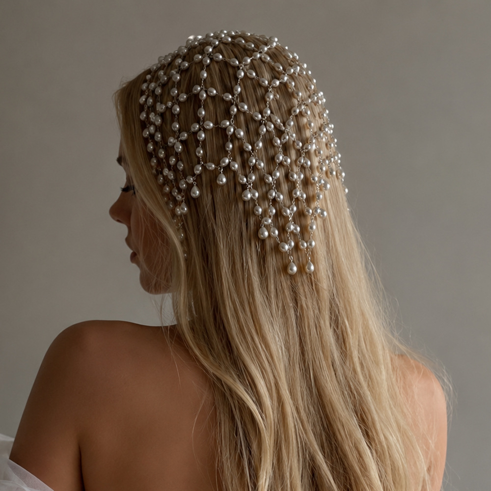 Cross-Border Trendy Instagram-Style Pearl Hair Chain, Elegant Socialite Style, Bridal Wedding Look, Fashionable Evening Party Hair Accessory