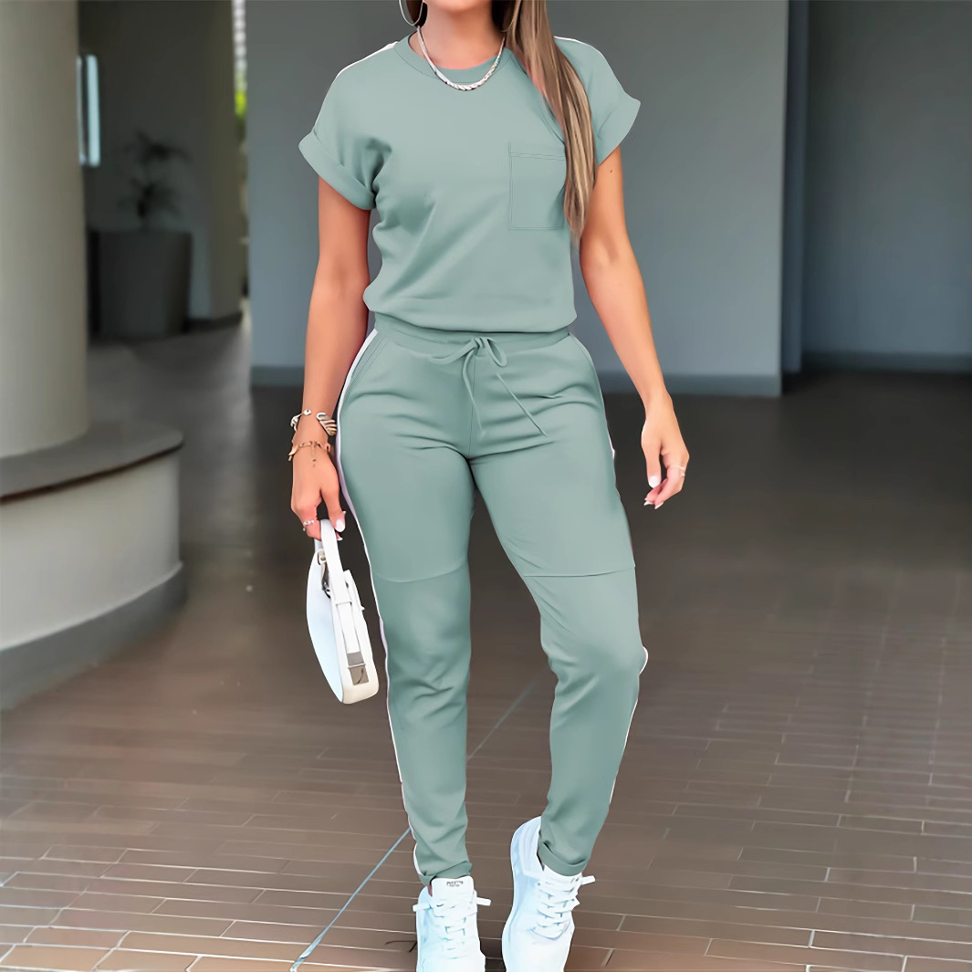 Lässiges Damen-Komfort-Set – Kurzarm-T-Shirt mit Rundhalsausschnitt und gerader Hose mit Taschen (Schwarz/Oliv/Matcha/Grau/Marineblau, S-XXL, Frühlings- und Sommer-Outfit)_voghion.com