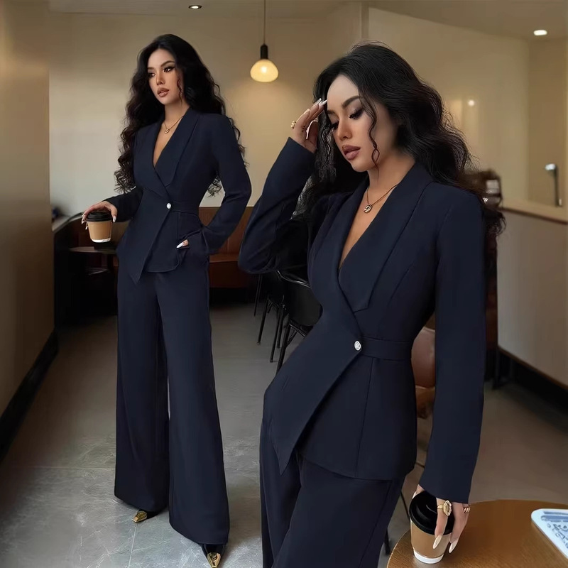 Amazon European and American Foreign Trade Spring and Autumn Fashion Casual Suit for Women, Solid Color V-Neck Long-Sleeved Shirt and Wide-Leg Pants Two-Piece Set Amazon European and American Foreign Trade Spring and Autumn Fashion Casual Suit for Women, Solid Color V-Neck Long-Sleeved Shirt and Wide-Leg Pants Two-Piece Set