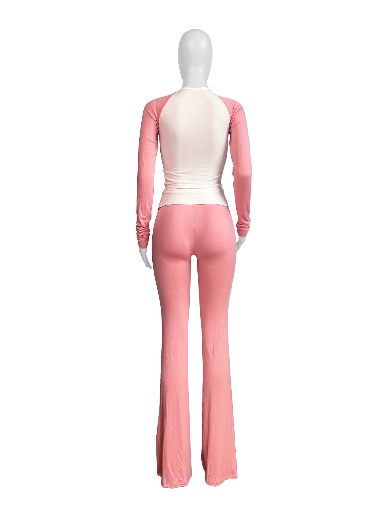 Women Clothing Contrast Color Tight High Waist Fold Slim Trousers Fleece Lined Two Piece Sets