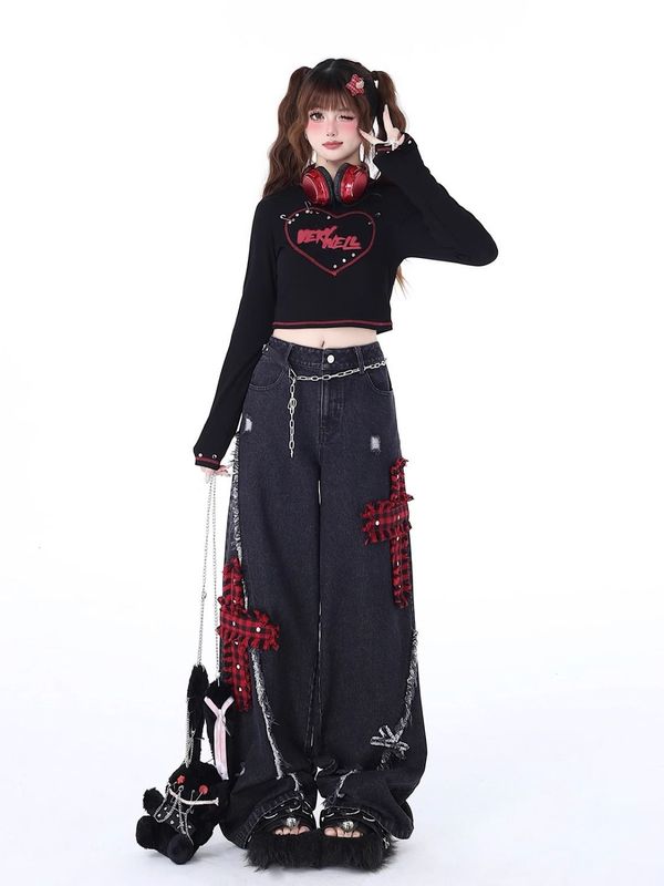 ロックパンクの穴を割ったストレートのワイドジーンズの女性の春の新型の高腰のゆったりとした刺繍のペンダント感があります。|undefined