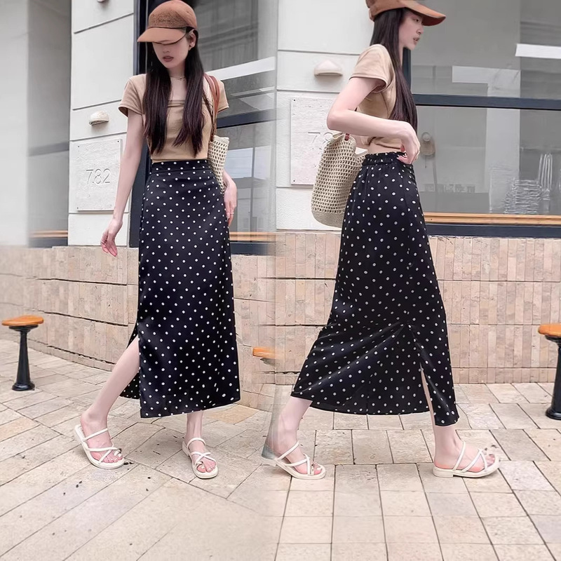 Black Polka Dot Elegant Skirt, New Summer Style, High-Waisted, Slit, Mid-Length, Straight Skirt, Slimming A-Line Hip-Hugging Skirt for Women Black Polka Dot Elegant Skirt, New Summer Style, High-Waisted, Slit, Mid-Length, Straight Skirt, Slimming A-Line Hip-Hugging Skirt for Women