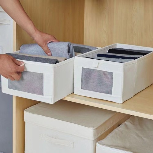 Visual Network Clothes Organizer and Storage Box, Fabric Cotton Linen Storage Bin, Wardrobe Organizer, Japanese Style Storage Box for Home Use