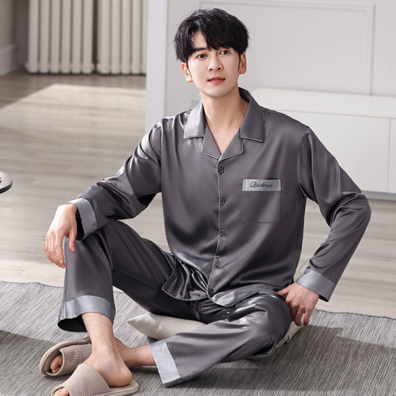 Pajamas men's spring and autumn ice silk long sleeve high-end sense home clothes men's thin plus size simulation silk suit wholesale