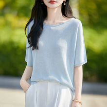 法式极简风圆领短袖t恤针织衫女夏季薄透气宽松显瘦打底女装上衣