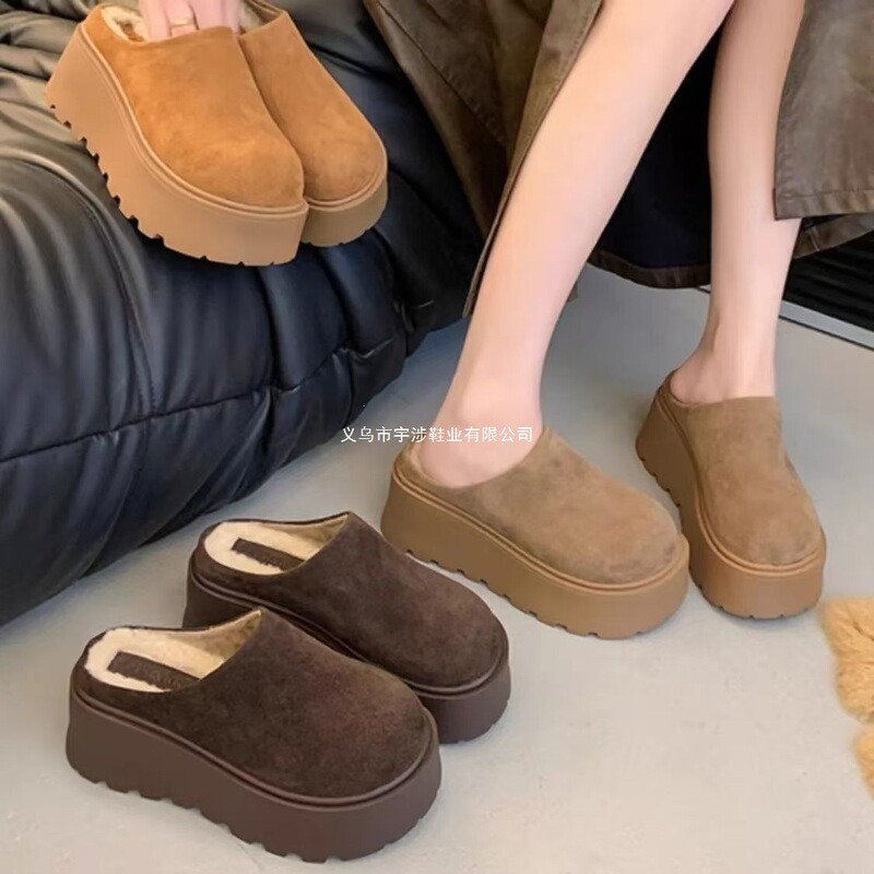 Thick-Soled Closed-Toe Half Slippers for Women, Outdoor Wear, Half-Covered Birkenstock-Style Shoes, 2024 Autumn and Winter New Model, Fleece-Lined Birkenstock-Style Half Slippers