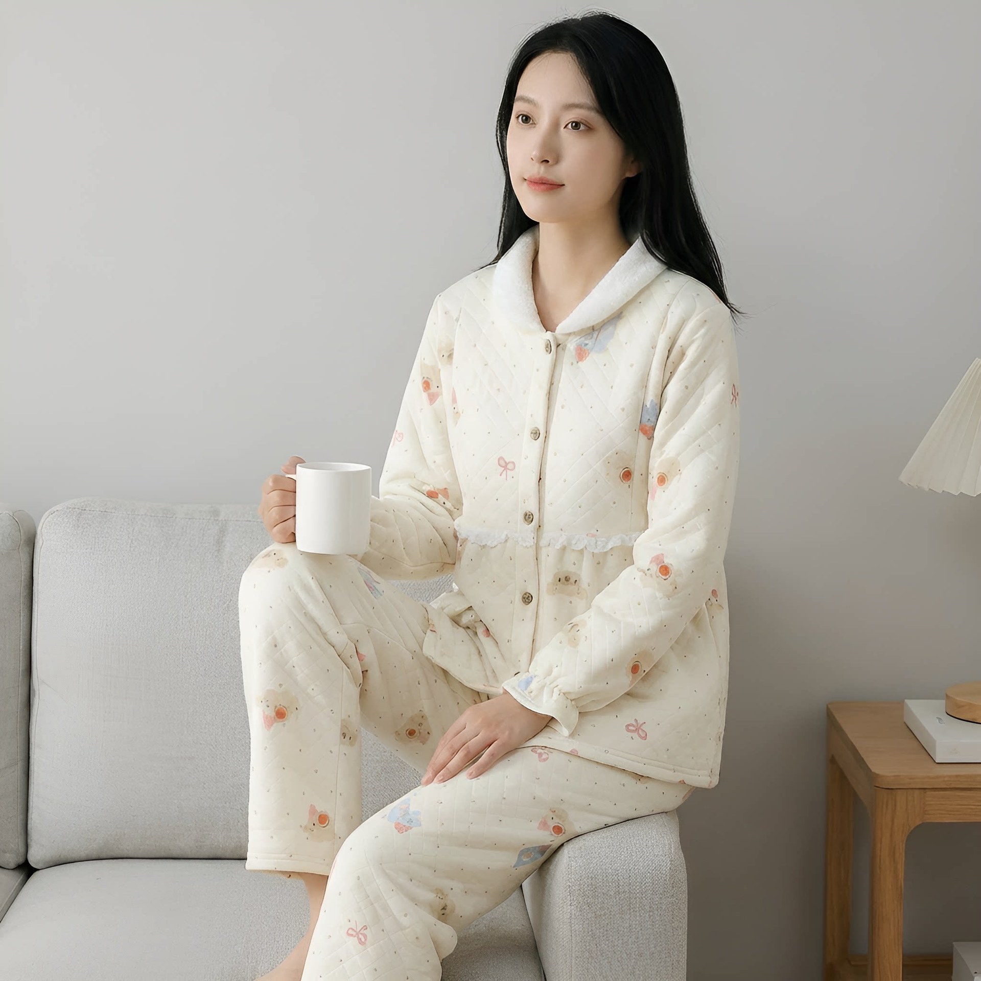 가을 겨울 공기면 산후조리복 잠옷 여성 세트 두꺼운 클립 면 보온 임신 중