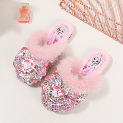 Children's winter plush mop, fashionable new girl's Elsa Princess fashionable home flat heel Baotou warm cotton mop