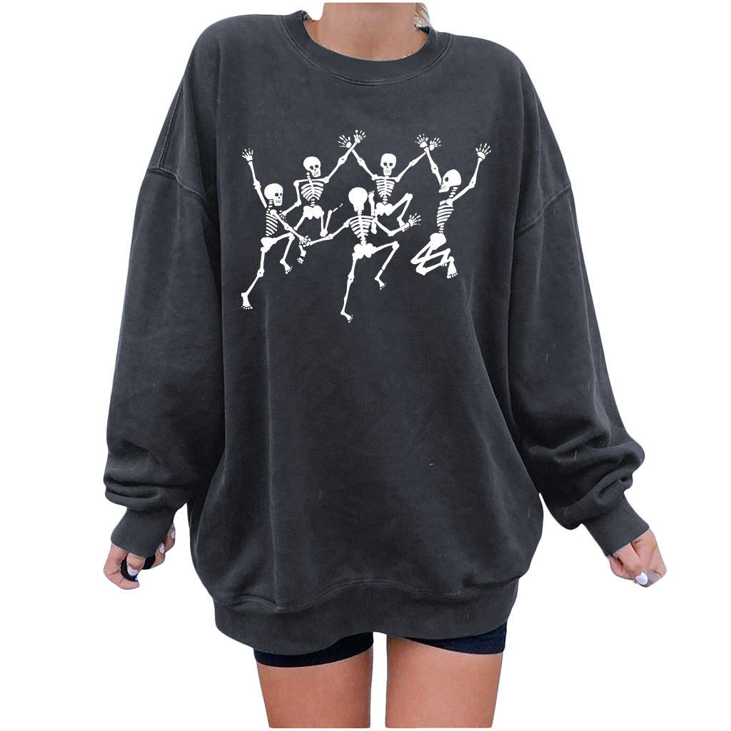 women s dropped shoulder round neck dancing skull prined fleece sweatershirt nihaostyles wholesale costumes NSYUM79720