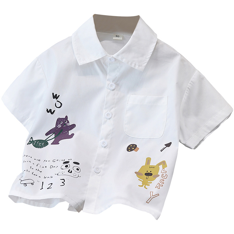7274 Camisa de manga corta para niños Camisa estampada de primavera Ropa fina de verano para niños 2025 Nuevo estilo de moda