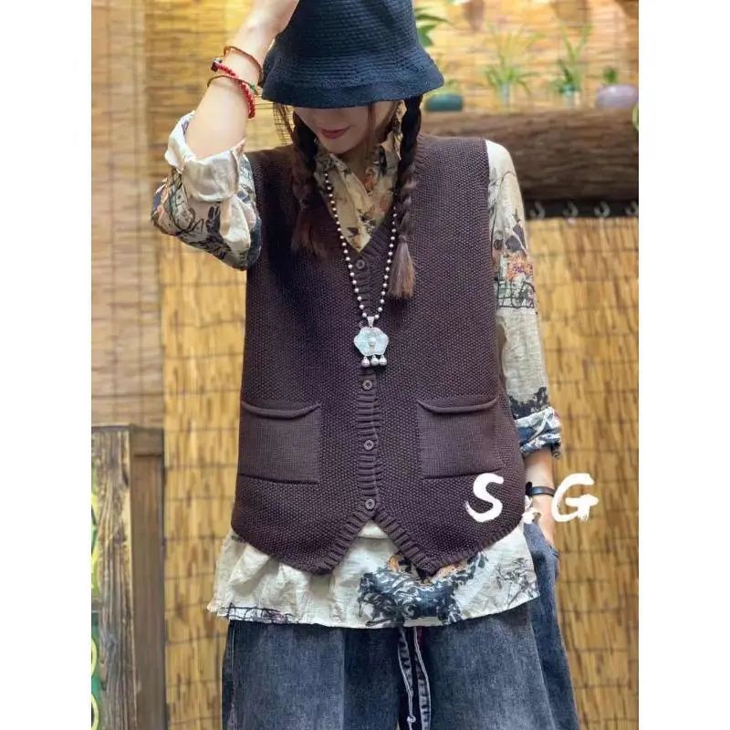 新款针织马甲女春秋季V领休闲百搭宽松复古纯色大码坎肩马夹背心|undefined