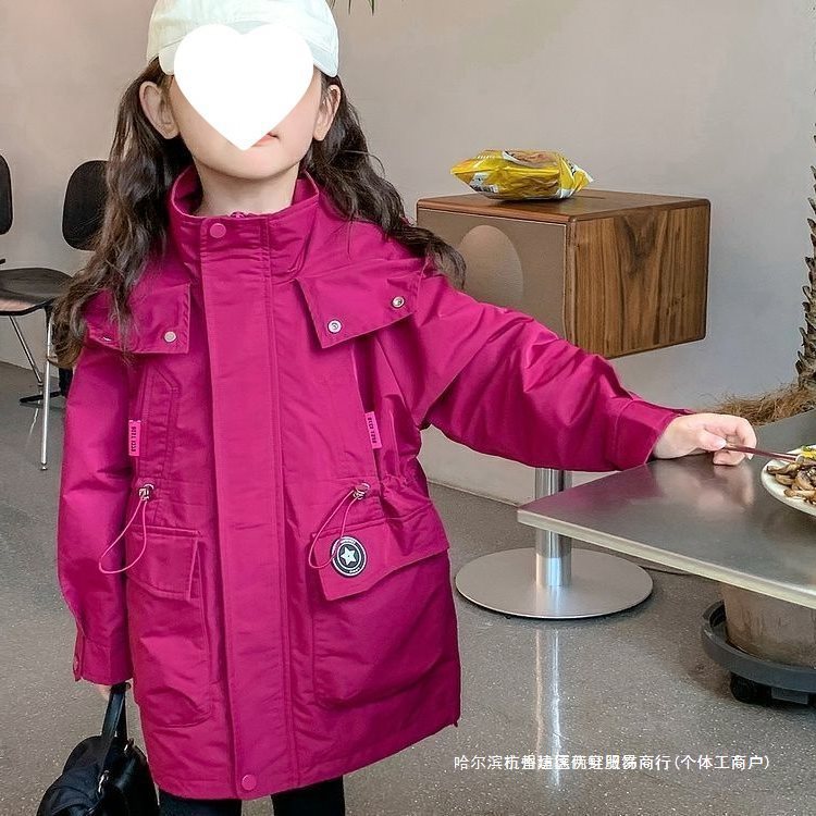 여아 재킷 2024 가을 신스타일 어린이 후드 재킷 중형 및 긴 스타일리쉬 작업 재킷 아동복