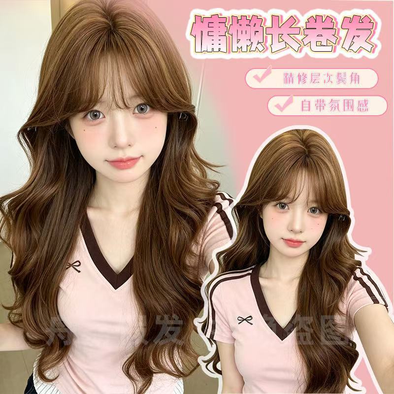 Zhouli Wig Honey Brown Long Curly Hair Naturally Fluffy Lazy Atmosphere Sweet Big Waves Women's Full Wig Wholesale