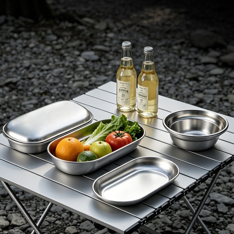 Outdoor Camping Picnic Plate and Bowl Set Stainless Steel Oval Food Preparation Box Portable Storage Dinnerware Set