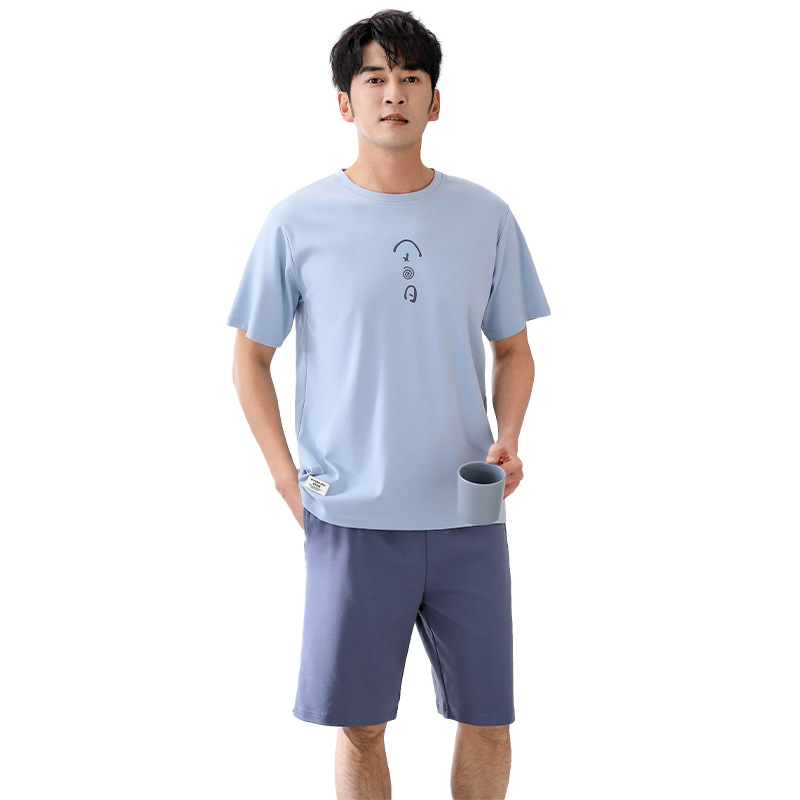 여름 스톨 쿨 코튼 남성용 파자마 부드러운 항균 쿨코튼 간단한 외주 짧은 소매 반바지 홈 의류 세트