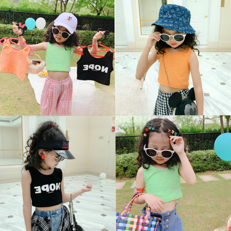 Girls' vest letter crop top short-sleeved shirt 24 summer new style foreign trade children's clothing agency 3-8 years old 