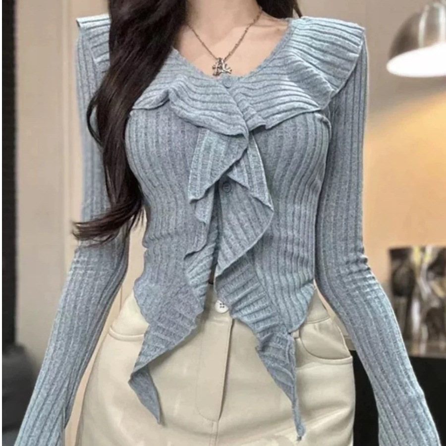 Sexy ragazza piccante con scollo a V e maniche svasate, bordi irregolari con volant come strato di base, nuovo slim autunno e inverno_voghion.com
