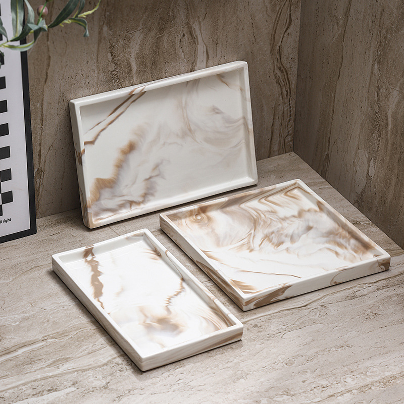 Bandeja de cerámica de mármol marrón Estante de baño Estante de almacenamiento de tocador de hotel Bandeja de encimera de maquillaje