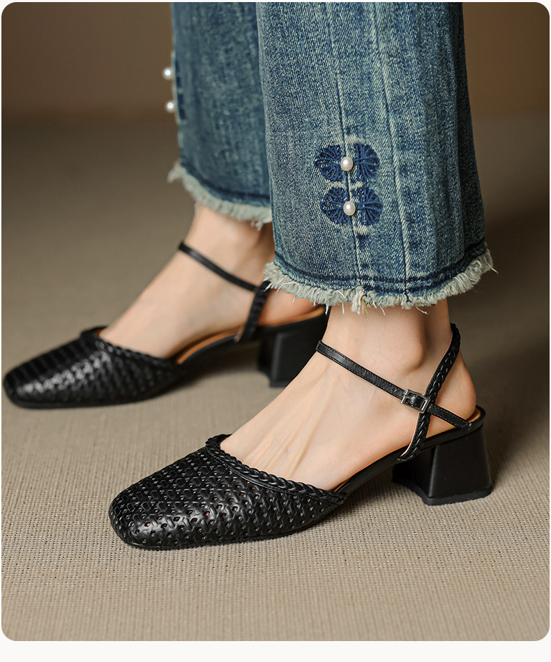 Giày sandal cao gót nữ quai ngang mũi tròn da bò, gót 5 cm — đen chi tiết 16